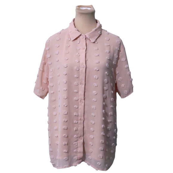 Unbranded Tops - Women Short Sleeve Pom Pom Button Down Blouse Pink Size L Chic Feminine Airy